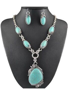 Imitation Turquoise Necklace Earrings Set Silver Tone